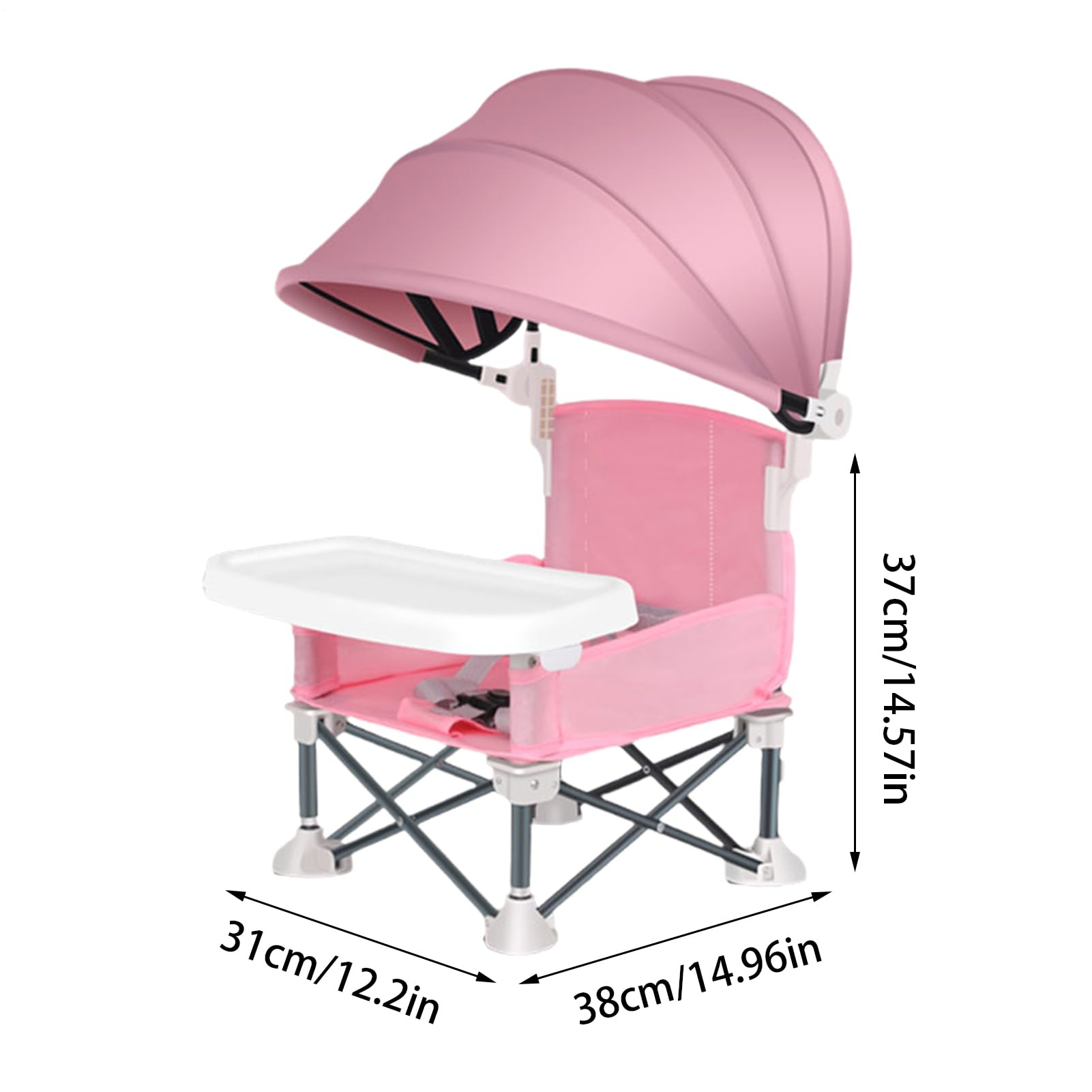 Baby Folding Chair, Toddler Dining Seat, Portable Feeding Tray, Foldable Design, Built-In Canopy, Safety Harness, Easy Setup, Meals, Perfect for Camping, Beach, 14.96x12.2x14.57 inches
