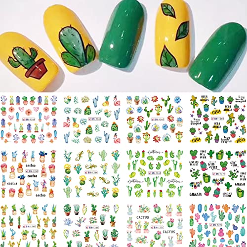 Cactus Nail Stickers Spring Water Transfer Nail Art Stickers Decal Flower Nail Decals For Acrylic Nail Green Cactus Flower Leaf Nail Design Nail Decoration For Women Girls Nail Supplies 12Pcs #TOP7