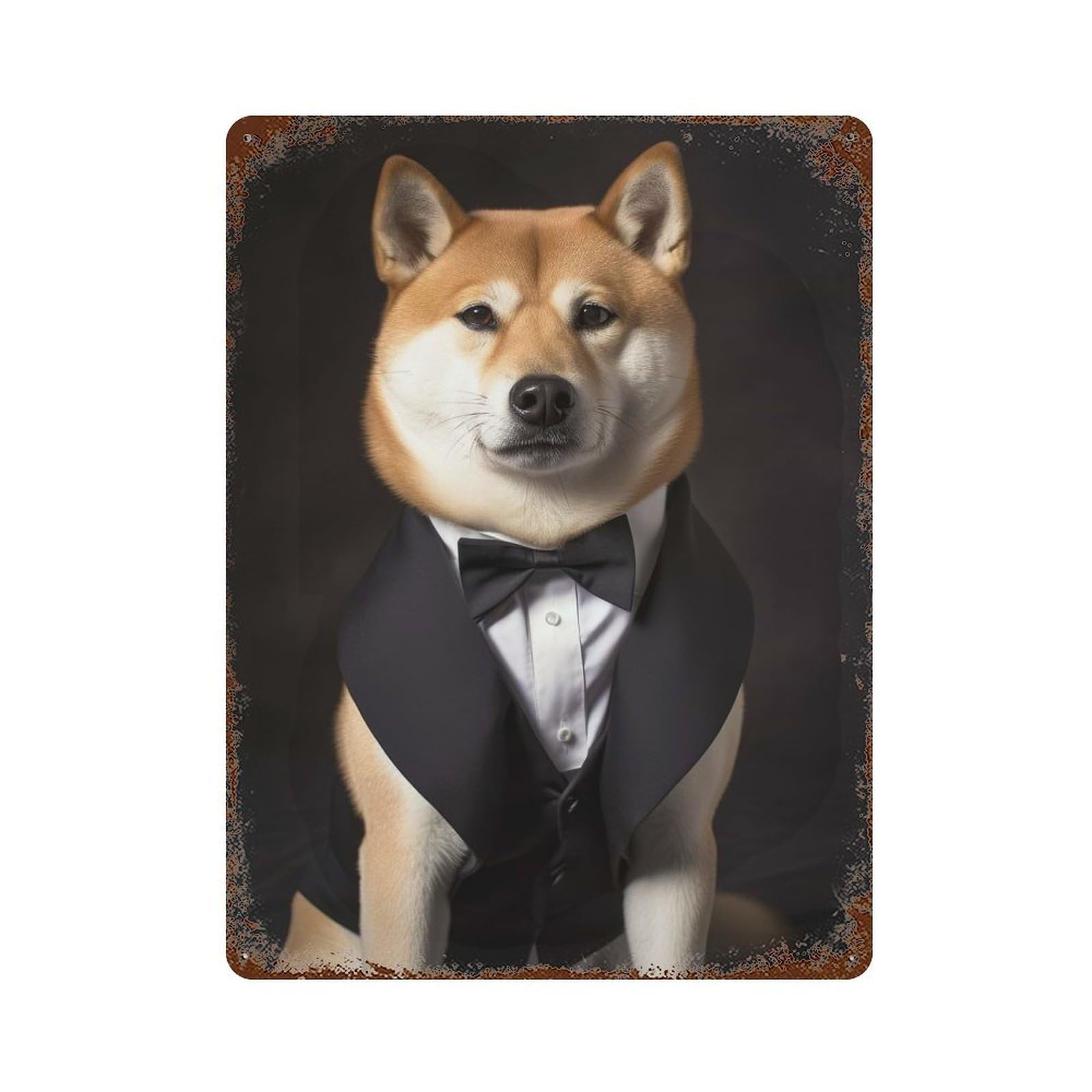 Shiba Inu Dog in A Tuxedo Weathered Tin Sign 15.7"x11.8", Novelty Wall Decor for Garage, Pub Or Kitchen