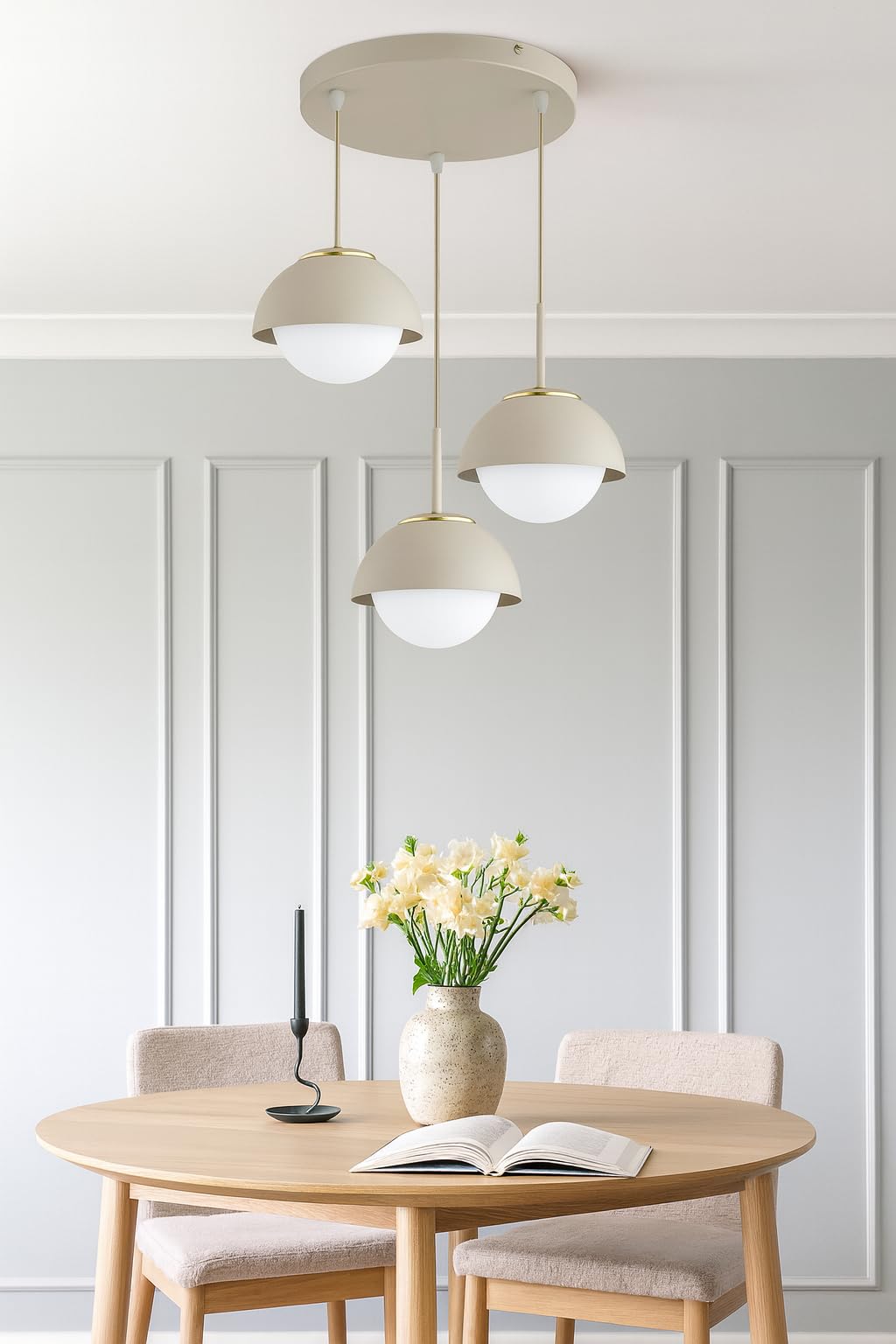 Pendellampe 3-flammig Beige – Cosmo Ecru Kaschmir Hängeleuchte aus Metall & Glas – E27 Lampen für Esszimmer oder Wohnzimmer – LED geeignet