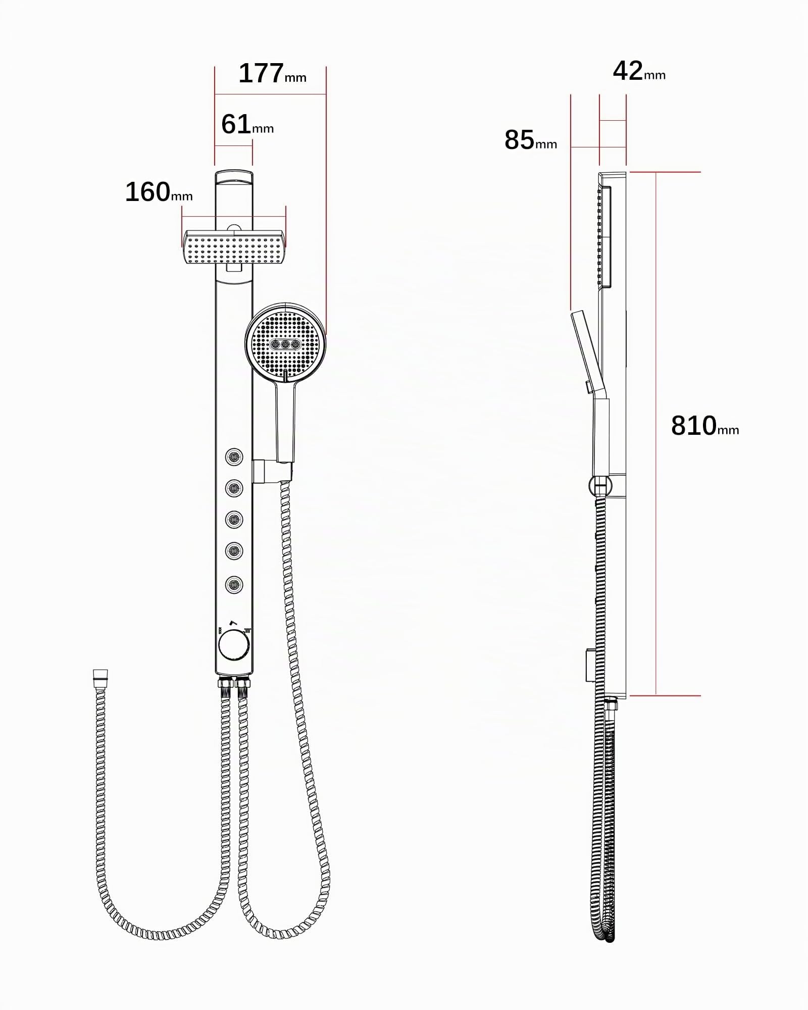 Rainsworth Regendusche ohne Armatur, Höhenverstellbares Duschset, Schwarz | Duschsystem mit 3 Strahl Handbrause, Schlauch & Halterung, 40cm Verstellbare Duschstange für Komfortable Badezimmer Duschen