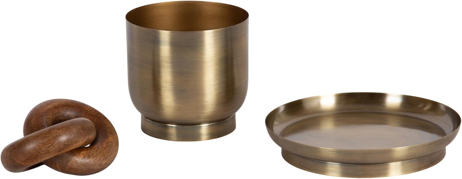 Kate and Laurel Anaya Wooden Three-Piece Decor Accent Set, Walnut Brown and Antique Brass, Set of 3, Modern Tabletop Decor Set Including Planter Pot, Accent Tray, and Wooden Knot