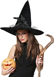 ERHAIYUN Halloween Witch Hat,Black Pointed Wizard Hat with Flowers, Beads and Feathers for Halloween Costume or Cosplay Party