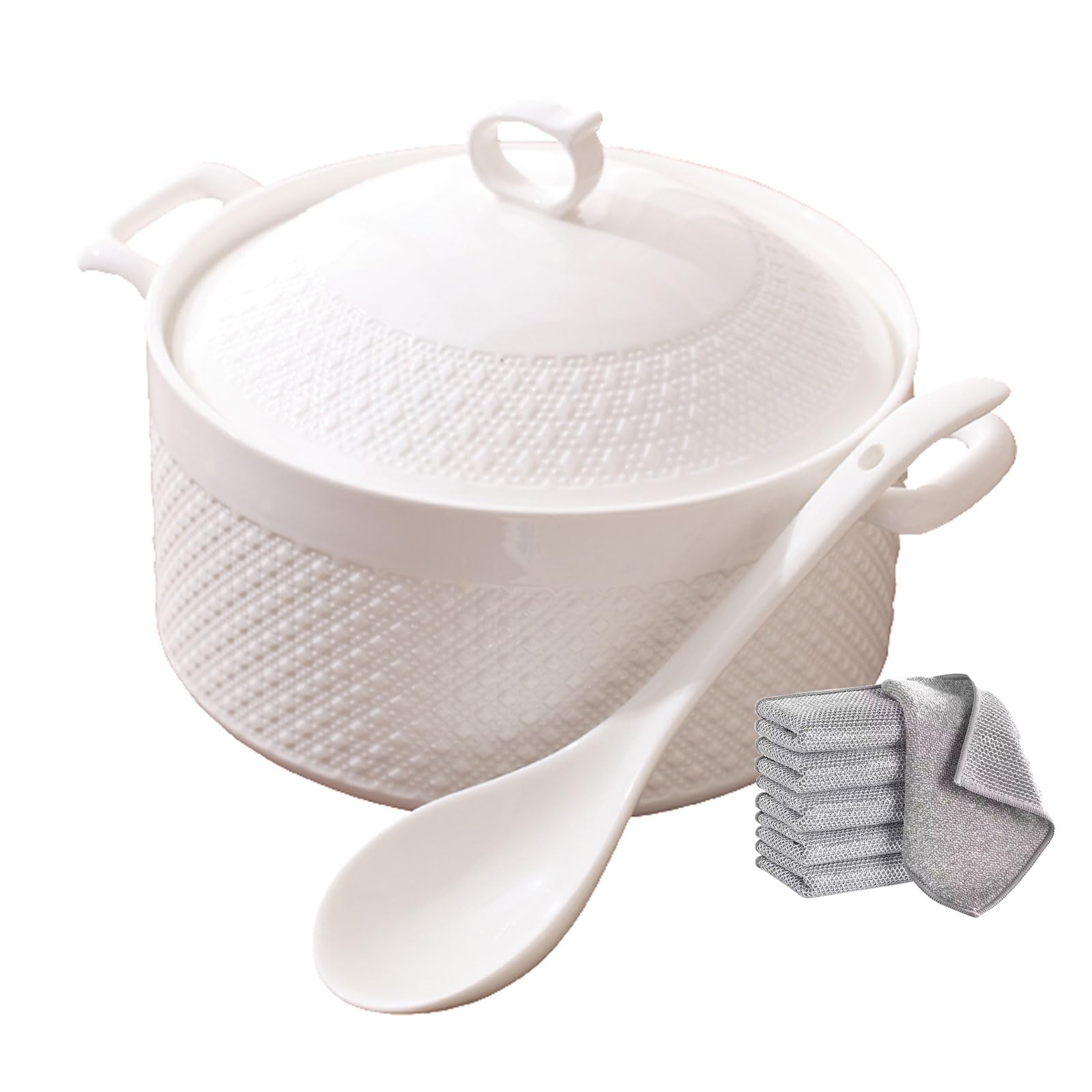 YLME Zuppiera per Zuppa con Mestolo E Coperchio in Porcellana per La Cucina di Ristoranti E Case Pentola per Zuppa E Brodo in Ceramica Bianca Decorata,3600ml/3.27qt