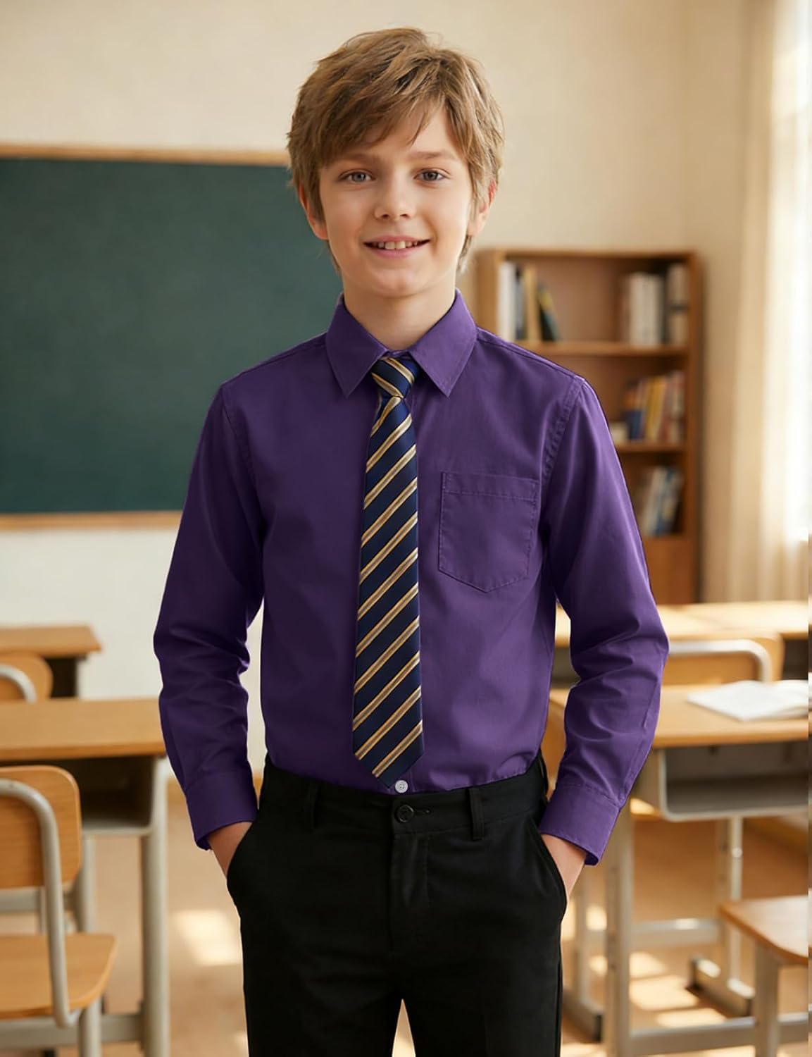 Spring&Gege Boys' Long Sleeve Dress Shirts Formal for Kids School Uniform Button Down Shirt (Regular Fit & Husky) - Image 2