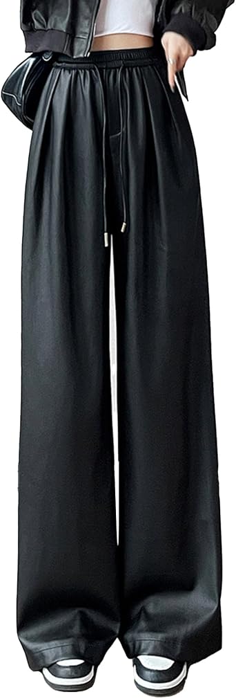 Sexyshine Womens Faux Leather Wide Leg Pants Drawstring High Waist Straight Leg Baggy Loose Cargo Leather Pants