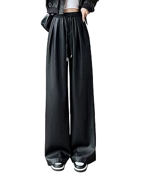 Sexyshine Womens Faux Leather Wide Leg Pants Drawstring High Waist Straight Leg Baggy Loose Cargo Leather Pants