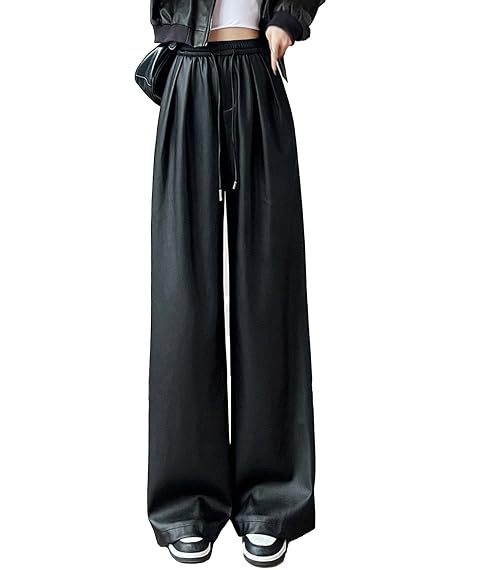 Sexyshine Womens Faux Leather Wide Leg Pants Drawstring High Waist Straight Leg Baggy Loose Cargo Leather Pants