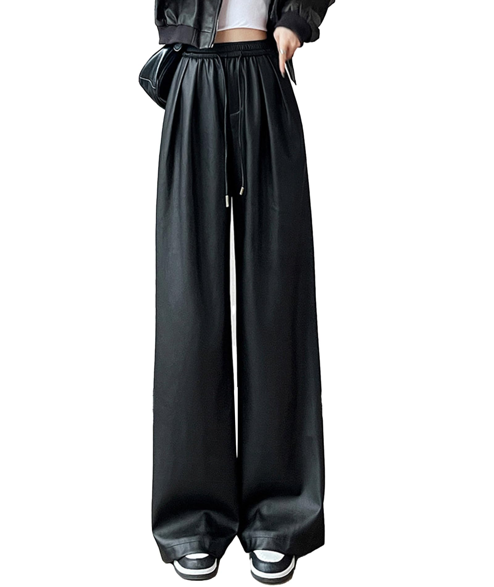 Sexyshine Womens Faux Leather Wide Leg Pants Drawstring High Waist Straight Leg Baggy Loose Cargo Leather Pants