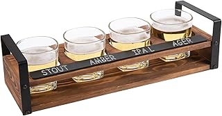 Vintage Piece Beer Flight Board Tasting Sampler Set with Chalkboard Panel, 4 Beer Glasses and Wood Serving Carrying Tray with Black Metal Handles (Roast color)