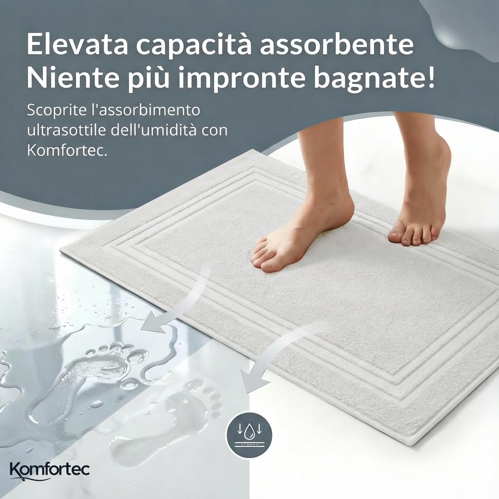 Komfortec - Set di 2 Tappetini da Bagno, Tappetini in Spugna per Doccia, Lavabili, Assorbenti e a Rapida Asciugatura – 600 g/m², 100% Cotone, 50x70 cm, Bianco - 3