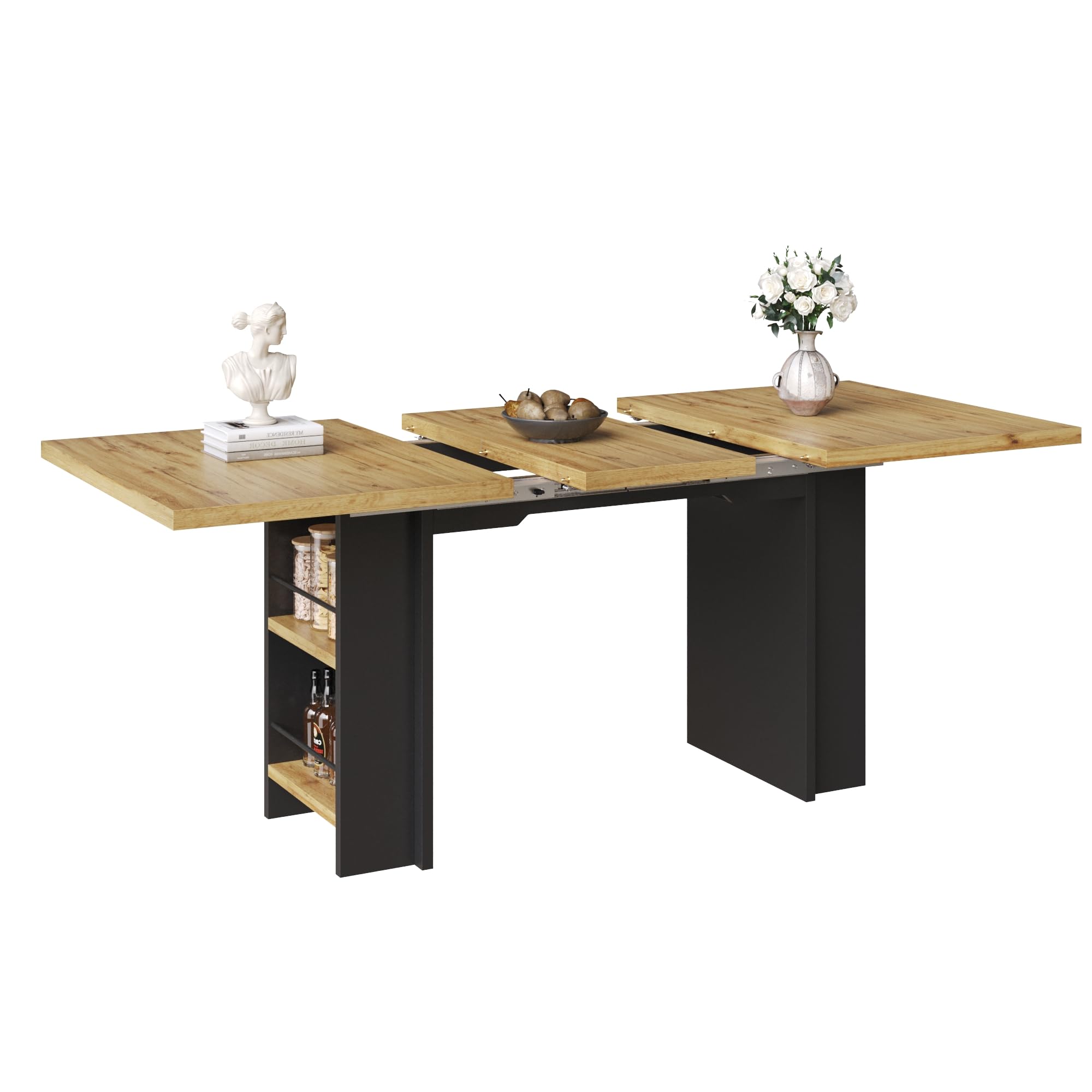 Esstisch Teleskoptisch (120-160×80cm), Tisch mit Regalen, Küchentisch, Ausziehtisch, mit Hilfe innenliegender Einlegeplatten，Ausziehbar, für Küche und Wohnzimmer, Holzfarbener