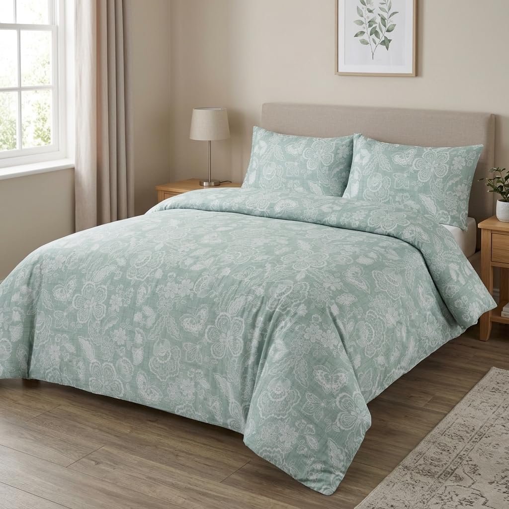 M&J Home Green Butterfly Floral Single Duvet Cover Set with 1 Pillowcase, 2 Piece Bedding Set, Polycotton 132 Thread Count, OEKO-TEX Certified, Easy Care