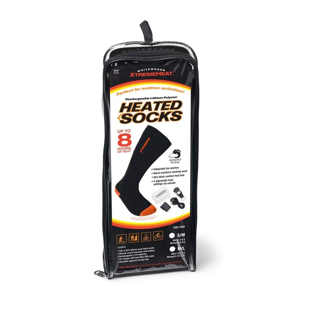 Erik Sports Whitewoods XtremeHeat Rechargeable Li-Po Battery, Merino Wool Heated Socks, Up to 8 Hours Heat - 1 Pair