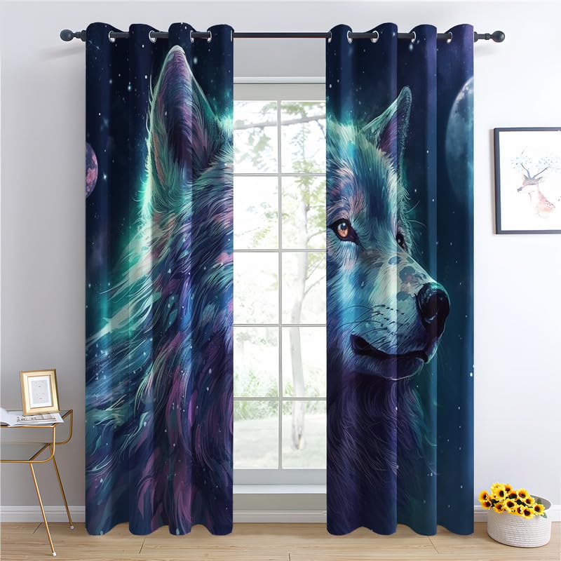 Rideau Occultant Loup, Motif Rideaux Thermiques à Oeillets, Rideaux Imprimé pour Salon Chambre Fenetre Moderne Décoration, 140x240 cm (L x H), Lot de 2