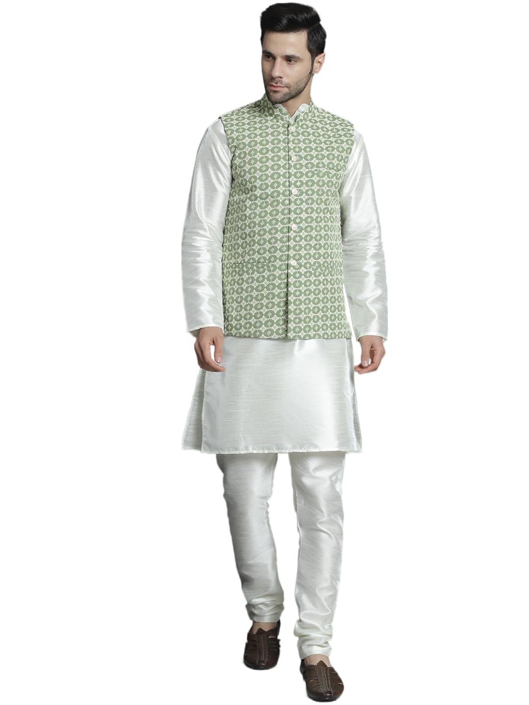 jompers Men's Embroidred Nehru Jacket With Solid Kurta Pyjama.-picture-32