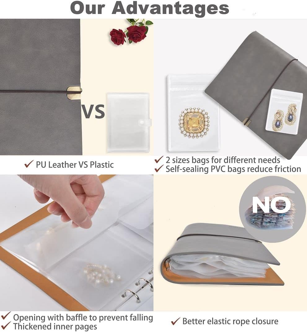 ChezMax Jewelry Organizer, Jewelry Storage Book with Pockets, Foldable Earrings Travel Album, PU Leather Accessories Holder Booklet for Necklace Rings (64 Grids+64 Anti-Oxidation PVC Bags) Grey