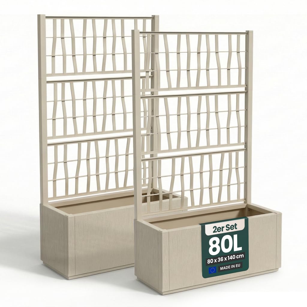 2 x Kreher® XL Rankgitter, Spalier mit Pflanzkasten aus robustem Kunststoff. Maße BxTxH in cm: 80 x 36 x 140 cm. Top für Garten, Terrasse und Balkon! (Beige)