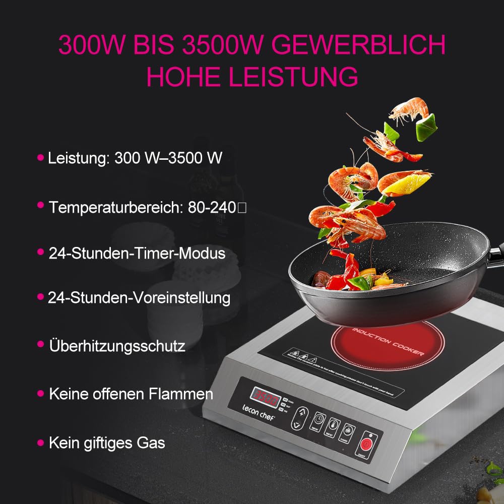 Induktionskochfled, 3500W Kochplatten, Edelstahlgehäuse | Timer und Voreinstellung, 10 Temperatur- und Leistungsstufeneinstellungen, 60KG Große Tragfähigkeit