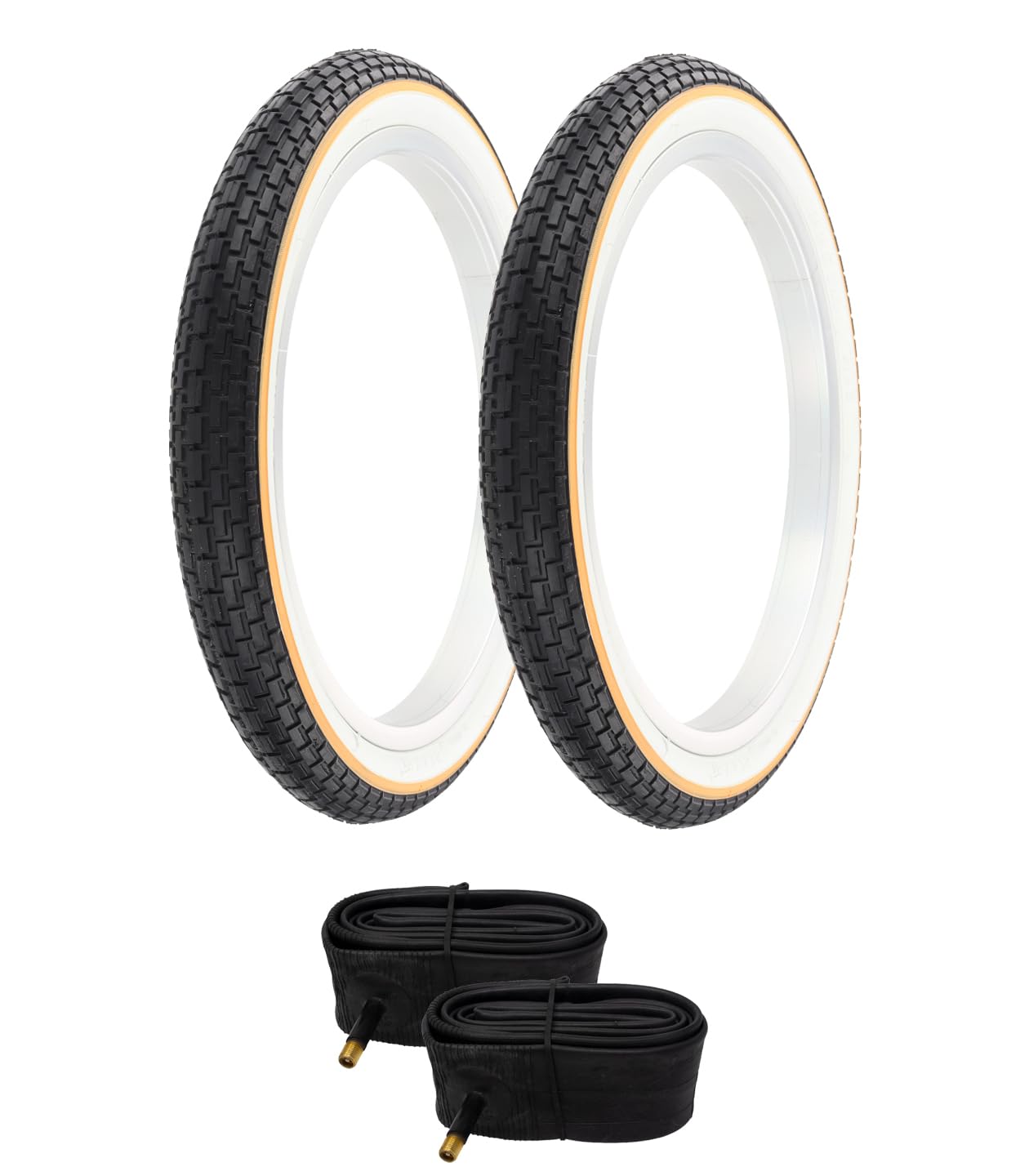 Pair of Whitewall Yellow LINE Bicycle OG Tires W/Tubes in 16 X1.75 Brick Tread