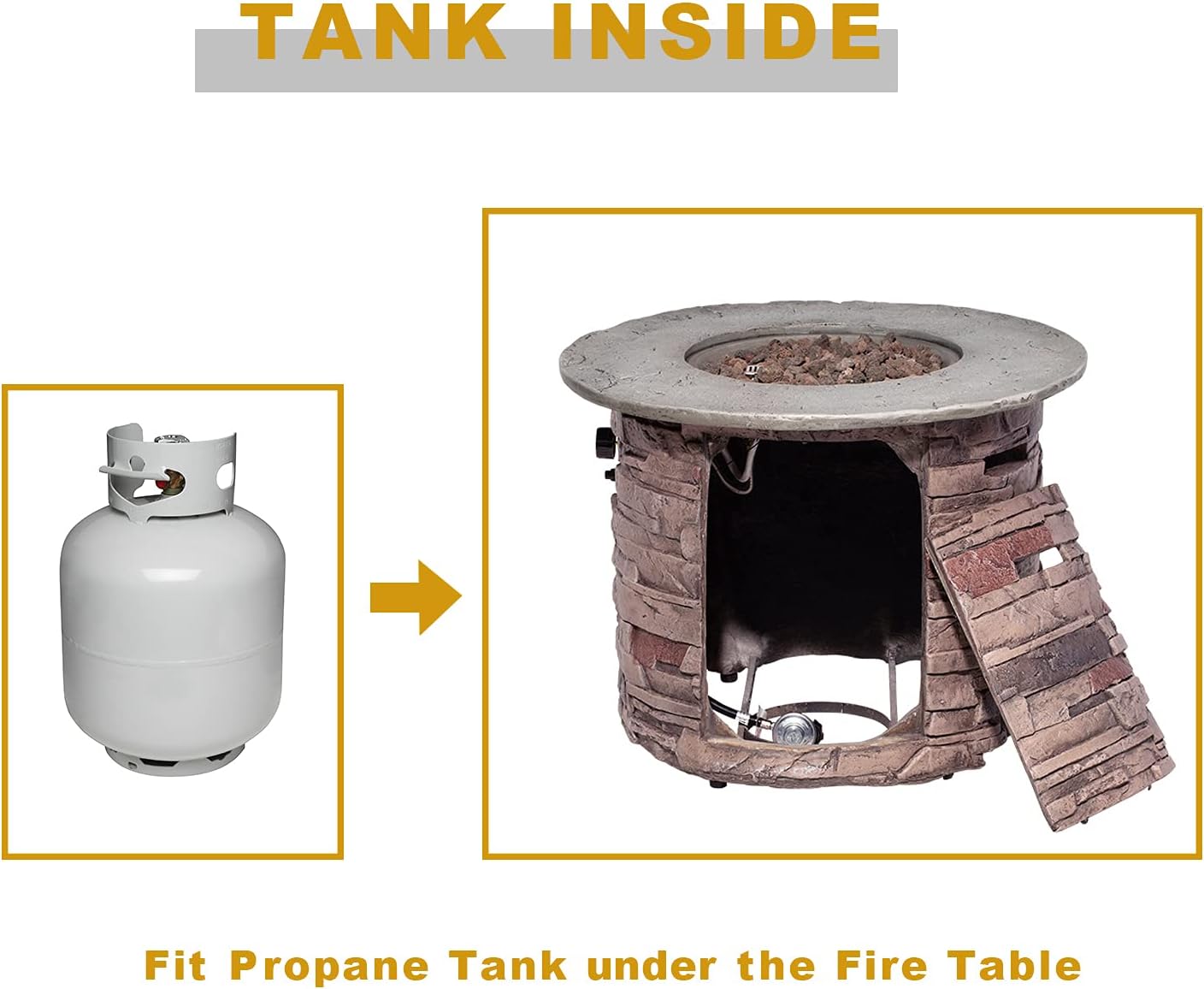 Diagram showing a propane tank next to the fire pit, with an arrow indicating it fits inside.