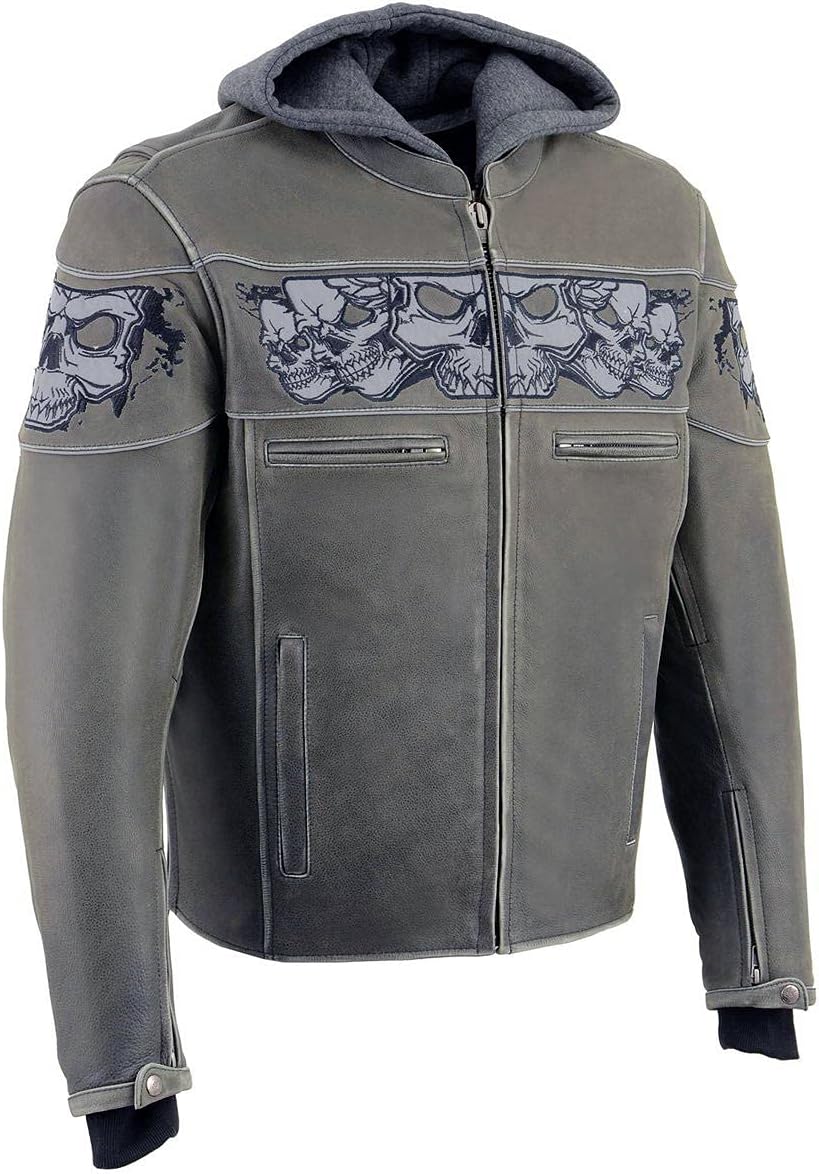 Milwaukee Leather MLM1562 Men’s Distressed Grey Leather Jacket with Reflective Skulls Milwaukee Leather MLM1562 Men’s Distressed Grey Leather Jacket with Reflective Skulls