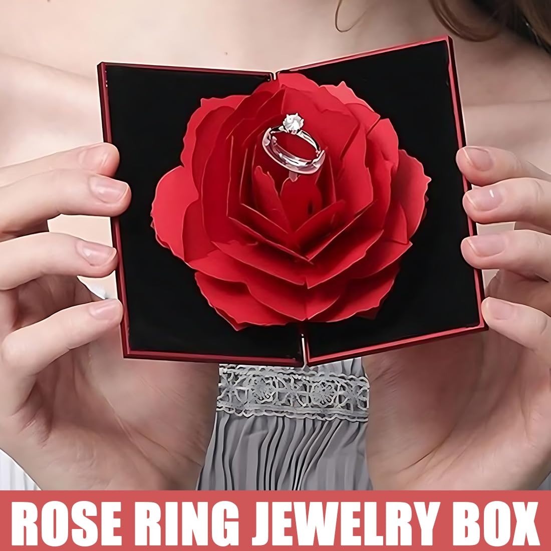 Scatola regalo portagioie per anello 3D Tridimensionale Rosa Scatola Ring Box per Anelli a Forma di Cuore Ring Box proposta di matrimonio Regalo San Valentino Espositore Portagioie Anelli Scatolina