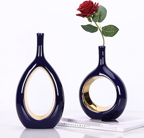 Miniatura 3 de Acentos decorativos azules y dorados, mesa central de cerámica de arte abstracto azul marino, decoraciones de mesa modernas para comedor, para