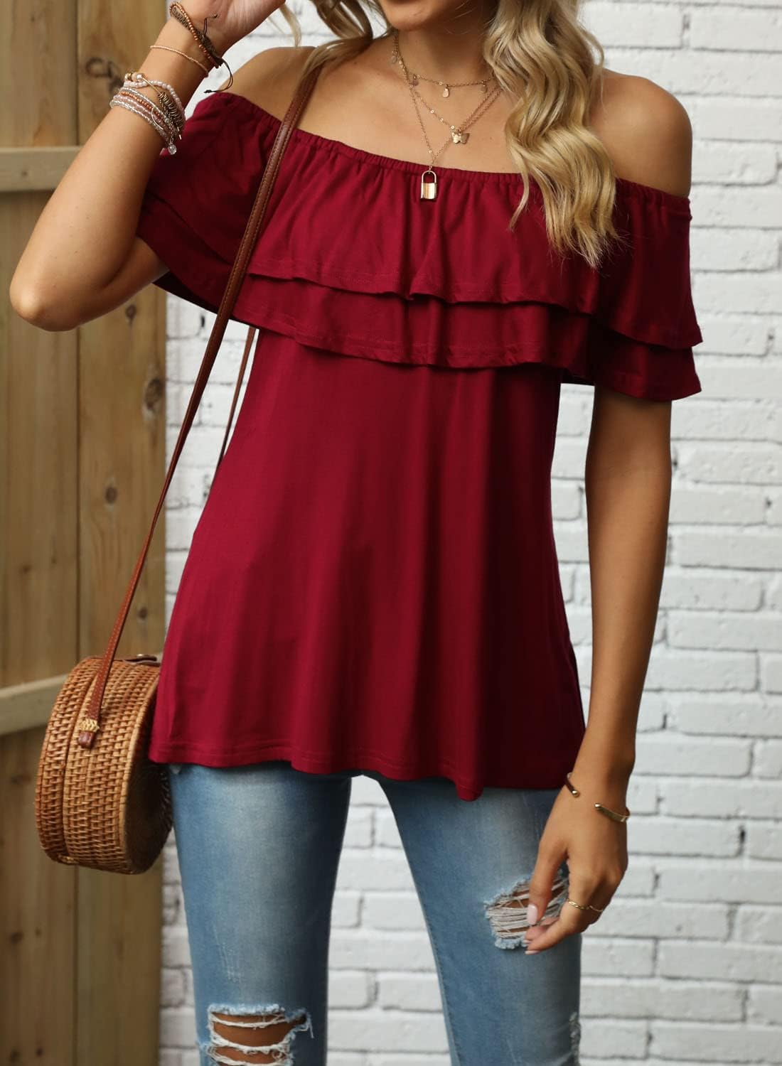 KEEDONE Women's Casual Off Shoulder Ruffle Tops Short Sleeve T Shirts Loose Summer Blouses Shirt - Image 6