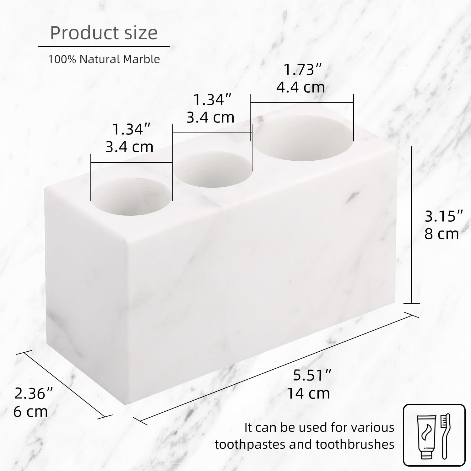 Porta Spazzolini da Denti in Marmo, Jazz Bianco, 3 Scomparti | Naturale, Organizer da Bagno, Portaspazzolini, Spazzolino Elettrico, Penne, Rasoi