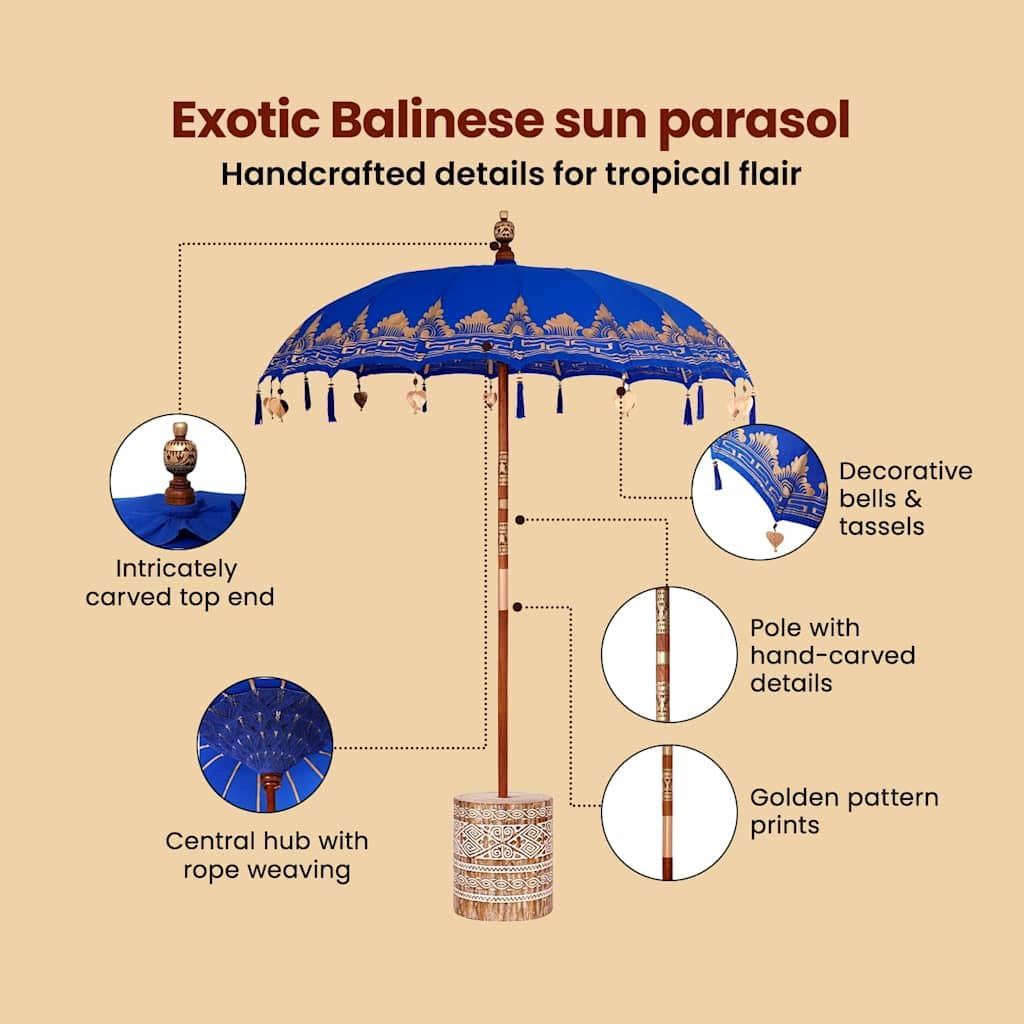 vidaXL Baliński Parasol z Bazą Niebieski 215 x 215 x 260 cm, Okrągły balijski parasol do ogrodu i na taras, cień na zewnątrz, dekoracja patio, tropikalna osłona