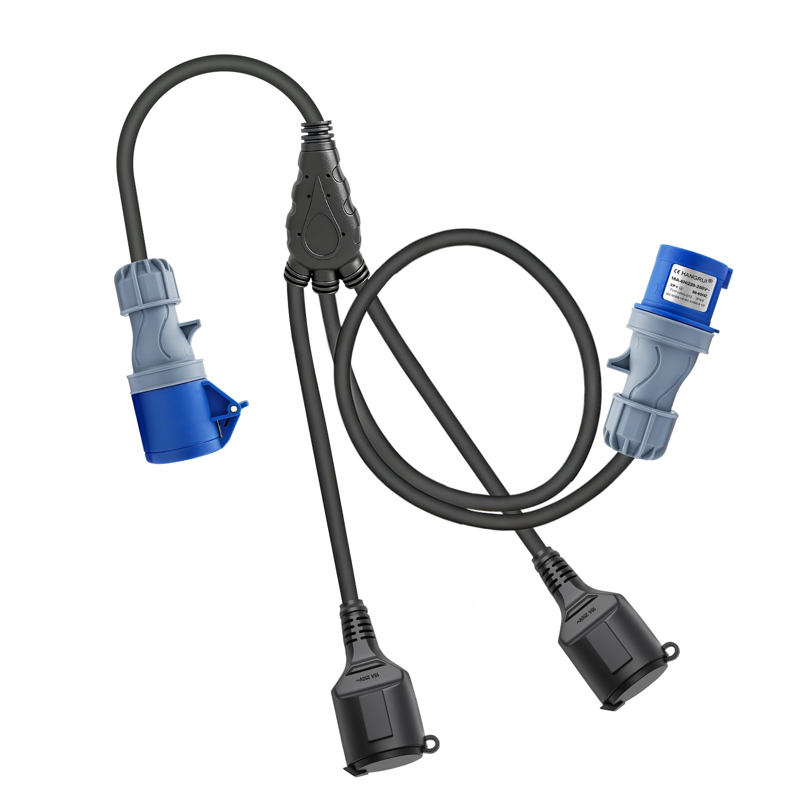Cable Adaptador Enchufe con 2 Schuko y 1 cee 16 A, 250 V, 150cm Cable de Extensión - IP44 H07RN-F3G 1.5 mm² - Adaptador Cable de Goma Intemperie para exterior caravanas y acampadas Accesorios