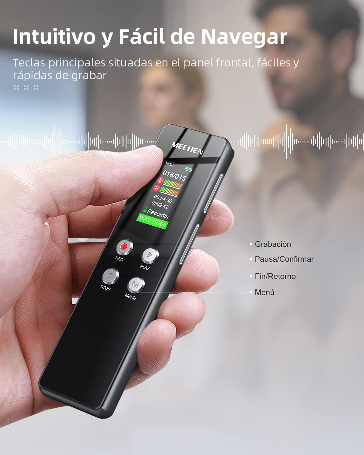 MECHEN Grabadora de Voz 64 GB, grabación HD con un Solo Clic (1536 kbps), reducción de Ruido automática, Reproductor de MP3, protección por contraseña, batería de 300 mAh (64GB)