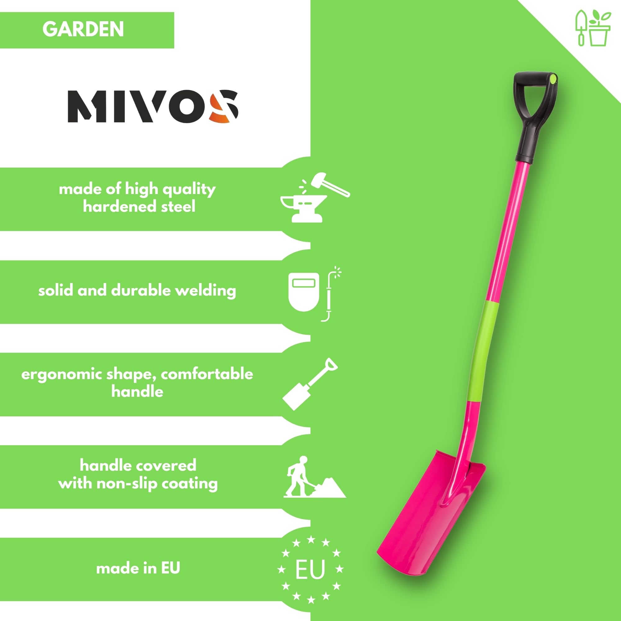 Mivos Vanga da giardino rotonda in acciaio boro temprato – 115 cm – Vanga da giardino per donne con bordo largo – Vanga con manico ergonomico e manico a D – Vanga da donna – Prodotto nell'UE