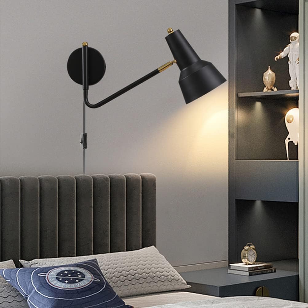 EaEa Aplique de Pared de Cabecera Brazo Largo Ajustable con Interruptor y Enchufe, Retro Lámpara de Pared de Dormitorio Luces de Lectura con Cable de 1,8 M, para Salon, Oficina, Pasillo, E27,Negro
