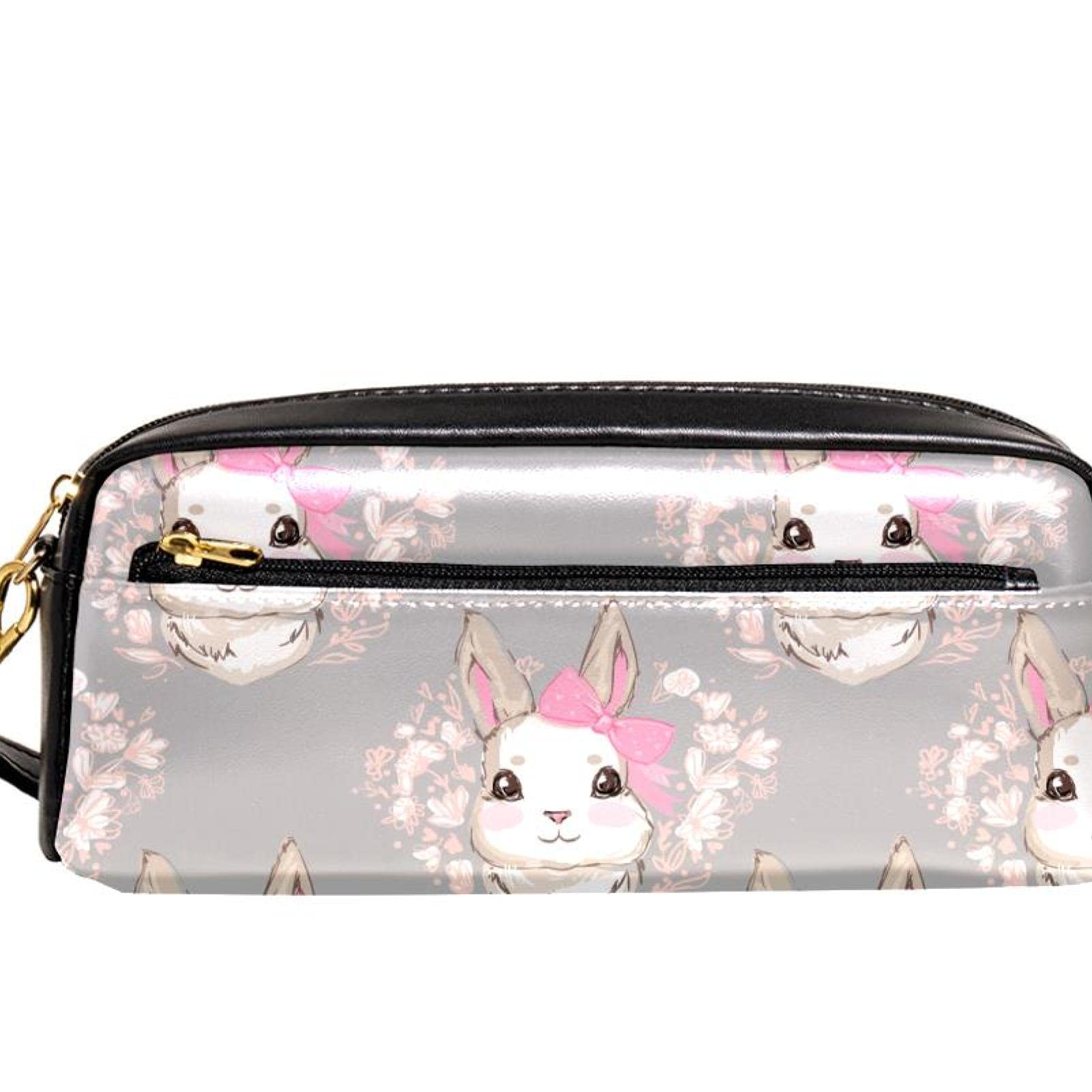 Trousse à crayons en cuir - Trousse de toilette - Sac à main - Organiseur de papeterie avec dragonne - Fille lapin avec nœud rose et couronne