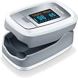 Oxímetro de pulso Beurer PO30 com ponta de dedo | Monitor de saturação de oxigênio no sangue e ritmo cardíaco | Dispositivo médico com 4 formatos de exibição gráfica colorida | Extrapequeno e leve | Pulseira e pilhas incluídas
