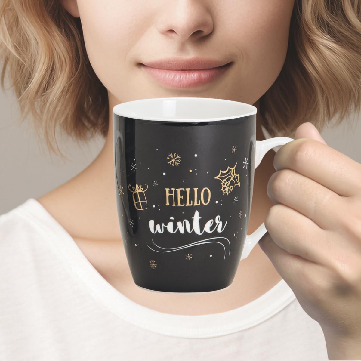 Tassen 48er Set Xmas modern in schwarz und goldfarben- Porzellan Kaffeebecher als Weihnachtstassen in 10 cm - Edle Kaffeetassen für Weihnachten spülmaschinenfest und mikrowellengeeignet
