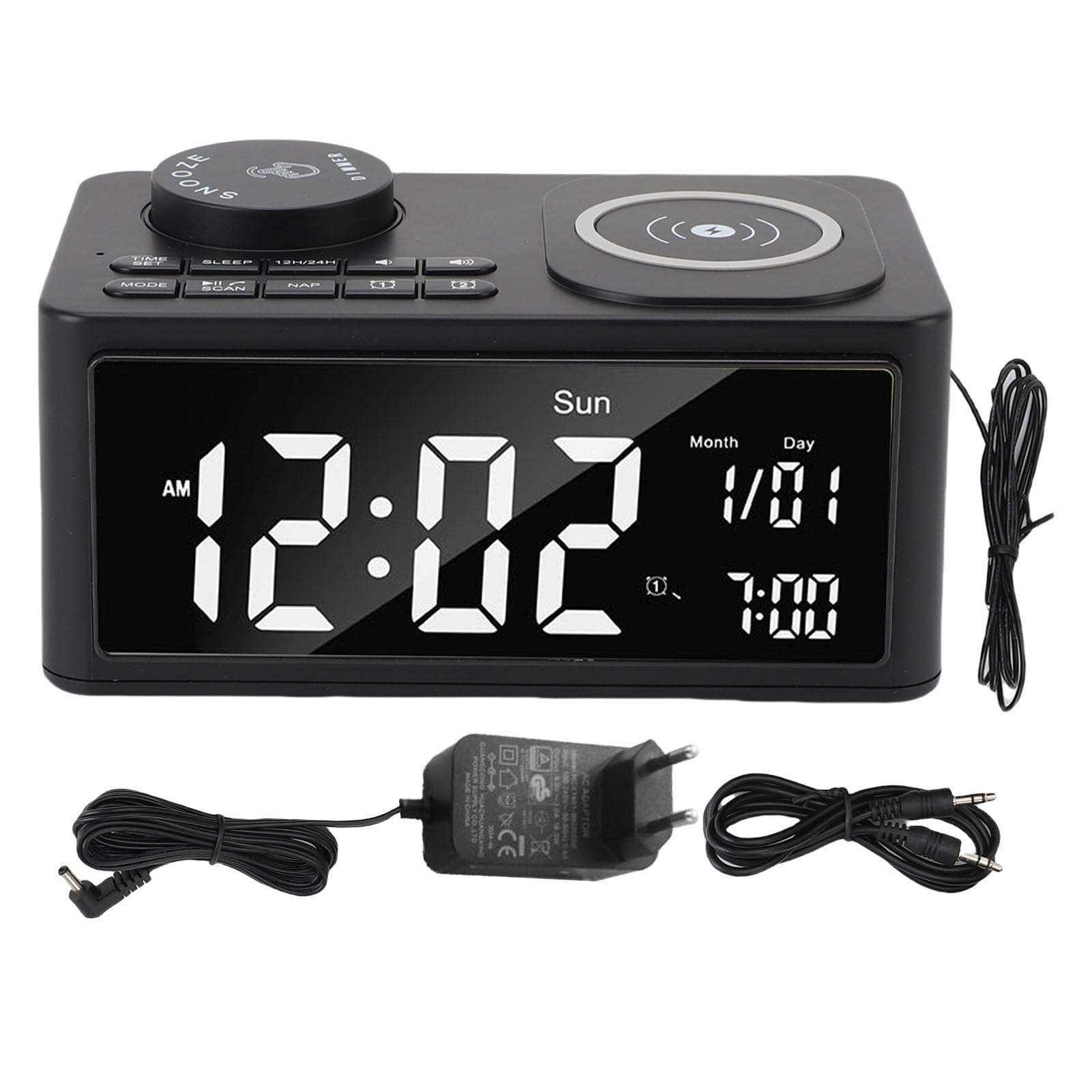 LICAEVEY Radio de Reloj de Alarma de Carga Inalámbrica 3 en 1 con Altavoz Bluetooth, Cargador Rápido de 15W, Alarmas Duales, Radio FM y Micrófono Incorporado para (Enchufe de la UE)