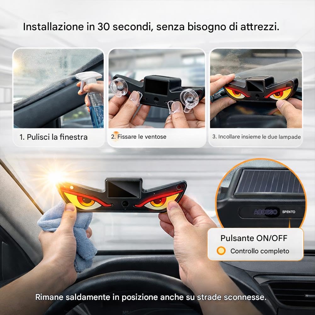 Confezione Da 2/4 Luci Led Solari a Forma Di Occhio Di Demone Per Finestrini Auto,Modalità Lampeggiante e Pulsante Attivate, Luce Ad Alta Luminosità Per Parabrezza Per Decorazione Auto (F)