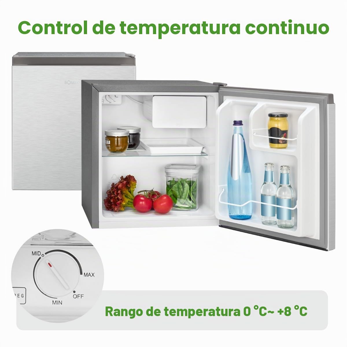 Bomann KB7245 Mini Frigorífico 45 Litros con Congelador 4 L, Minibar Silencioso, Regulador de Temperatura, Nevera Combi Pequeña, Puerta Reversible, Camping, Oficina, Eficiencia Energética E, Inox