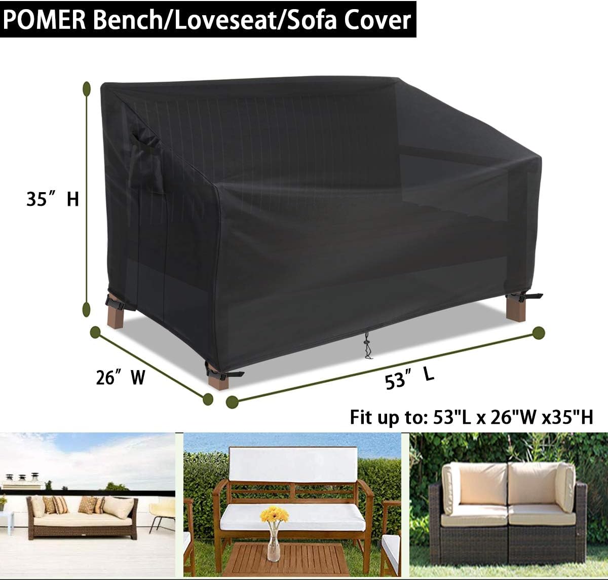 POMER Outdoor Bench Cover, Waterprood 600D Patio Loveseat Cover Fit for 2 Seater Garden Sofa Cover, 53" W x 26" D x 35" H Outdoor Couch Cover : Patio, Lawn & Garden