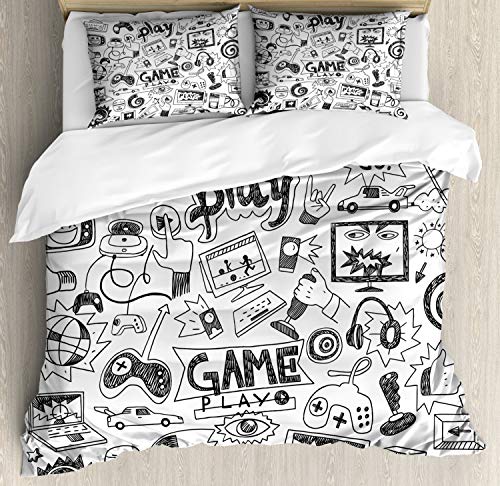 Ambesonne Video Games Duvet Cover Set, Monochrome Sketch Style Gaming Design Racing Monitor Device Gadget Teen 90 s, Decorative 3 Piece Bedding Set with 2 Pillow Shams, Queen Size, White and Black