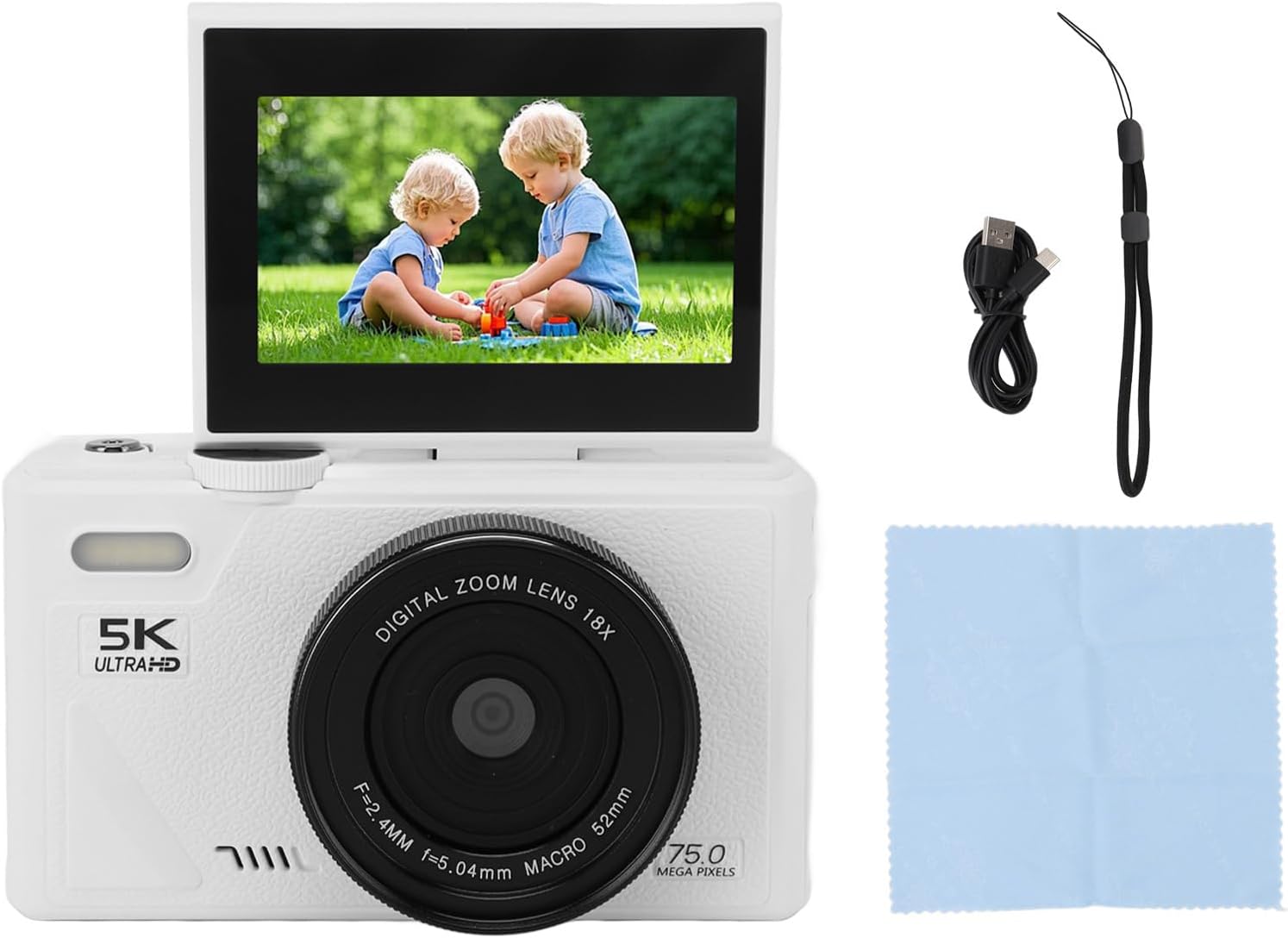 Gonetre 5K HD Digital Camera for Photography, Vlog, Video Camera, 75MP UHD 18X AF Autofocus Retro 3 Inch Screen Camera, Support up to 256G Memory Card for Travel Photography (White) - Image 1 of 9