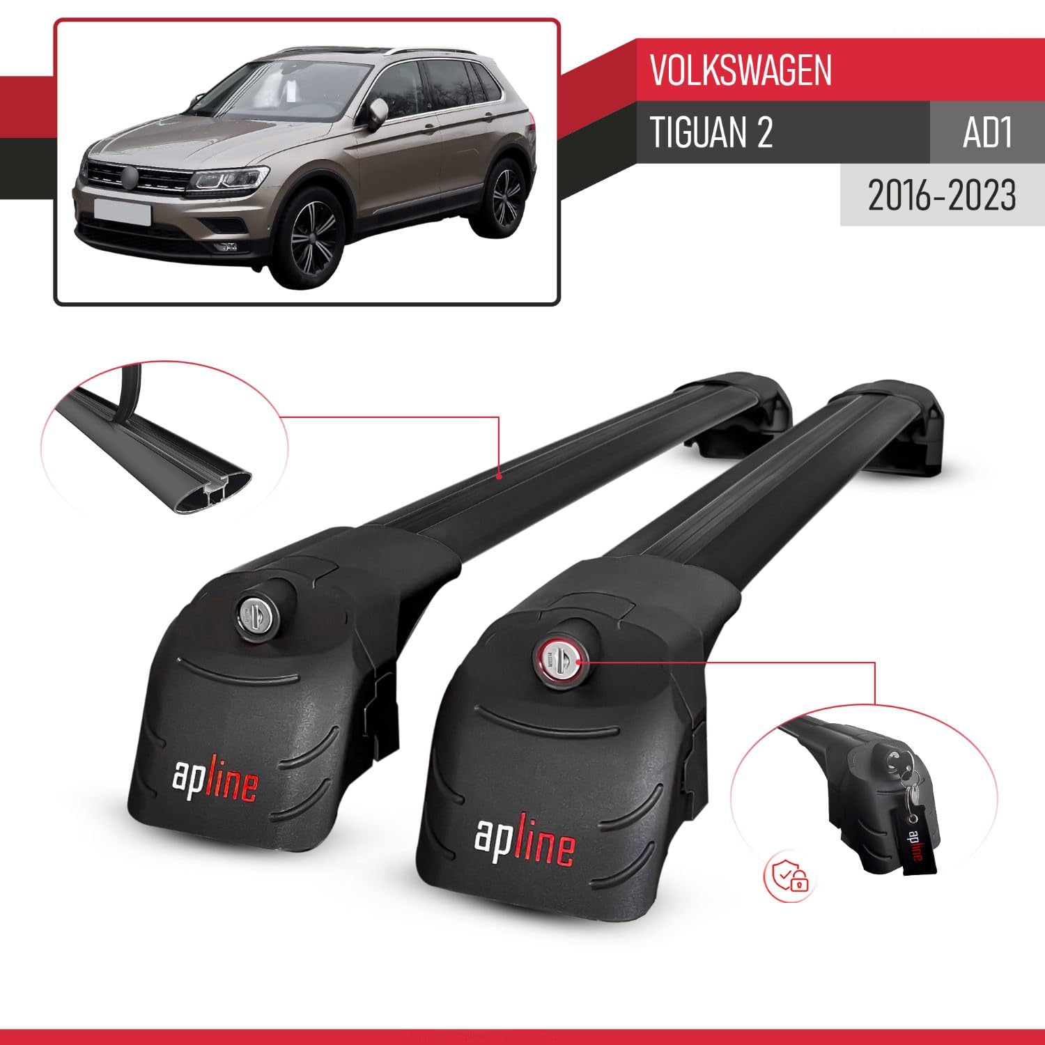 Compatible con Volkswagen Tiguan 2 (AD1) 2016-2023 Modelo Ace-2 Barra de Techo Auto Portaequipajes Barras Transversales Negro Aluminio 2 Barras