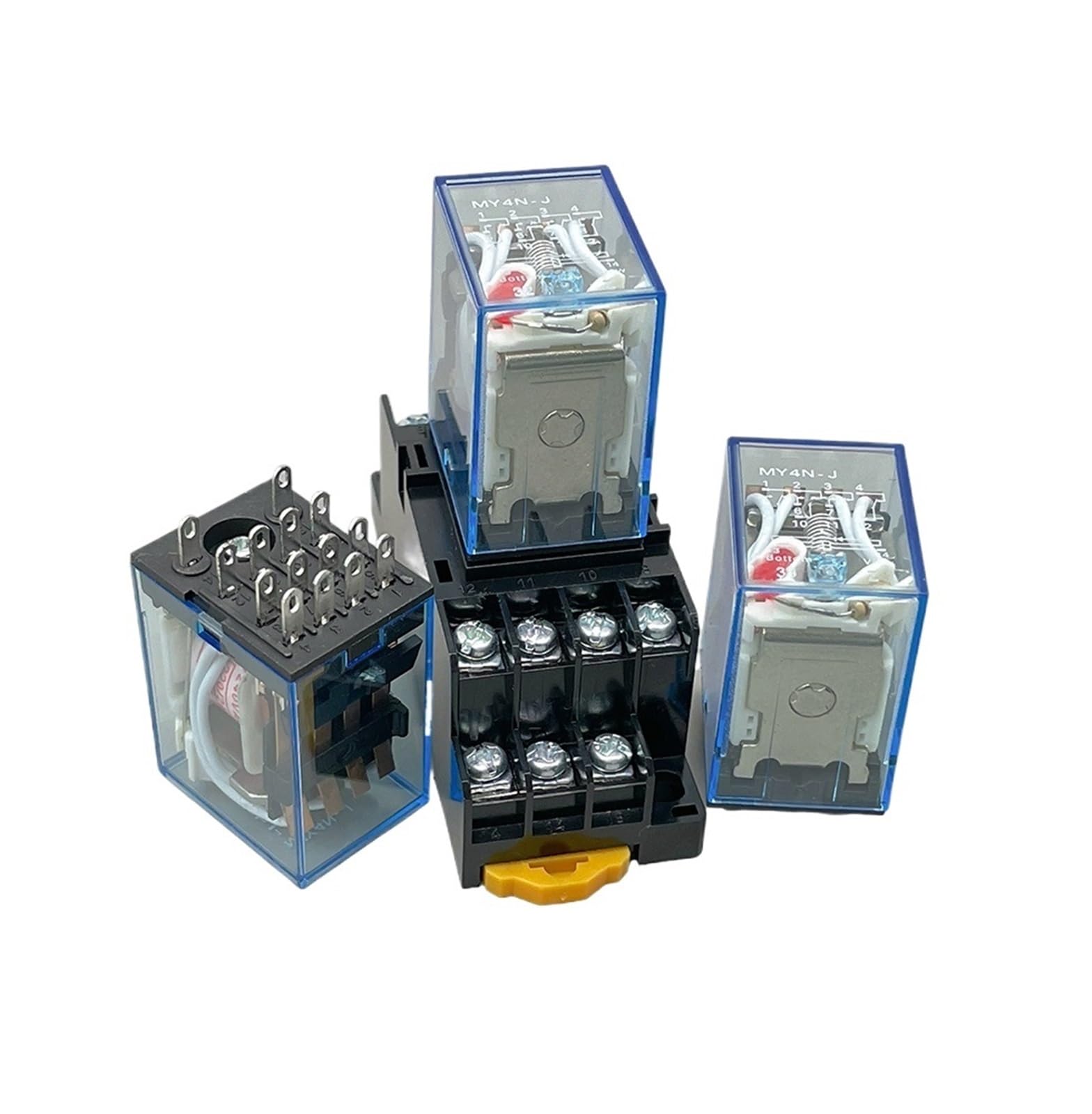 10 juegos de relé + base 12V 24V 110V 220V bobina 5A 4NO 4NC indicador LED verde relé de potencia DIN Rail relé de 14 pines con base de enchufe(AC,12V)