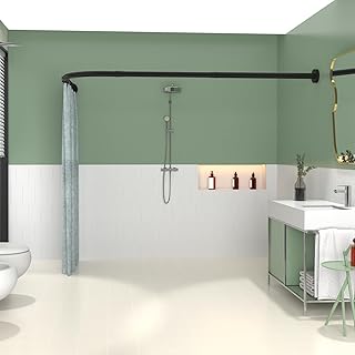 Black Shower Curtain Rod L Shaped, Curved Shower Rod 28-39 X 43-67 Inch, Adjustable Shower Rods for Bathroom, Stainless Drilling Heavy Duty Corner Shower Curtain Rods for Bathroom Tub