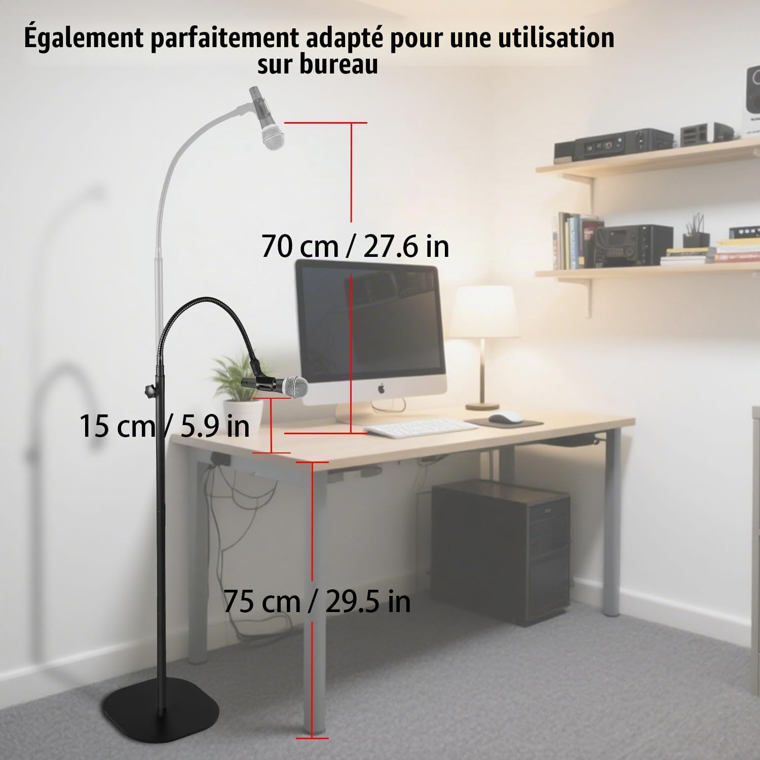 Pied de Micro Col de Cygne - Pied au Sol pour Chant, Podcast, Studio | Base 3kg Anti-Basculement. Hauteur Reglable 90-167cm. 2 Pinces, Adaptateurs 5/8"&1/4" Pour Blue Yeti, Q2U, Elgato, Fifine AM8