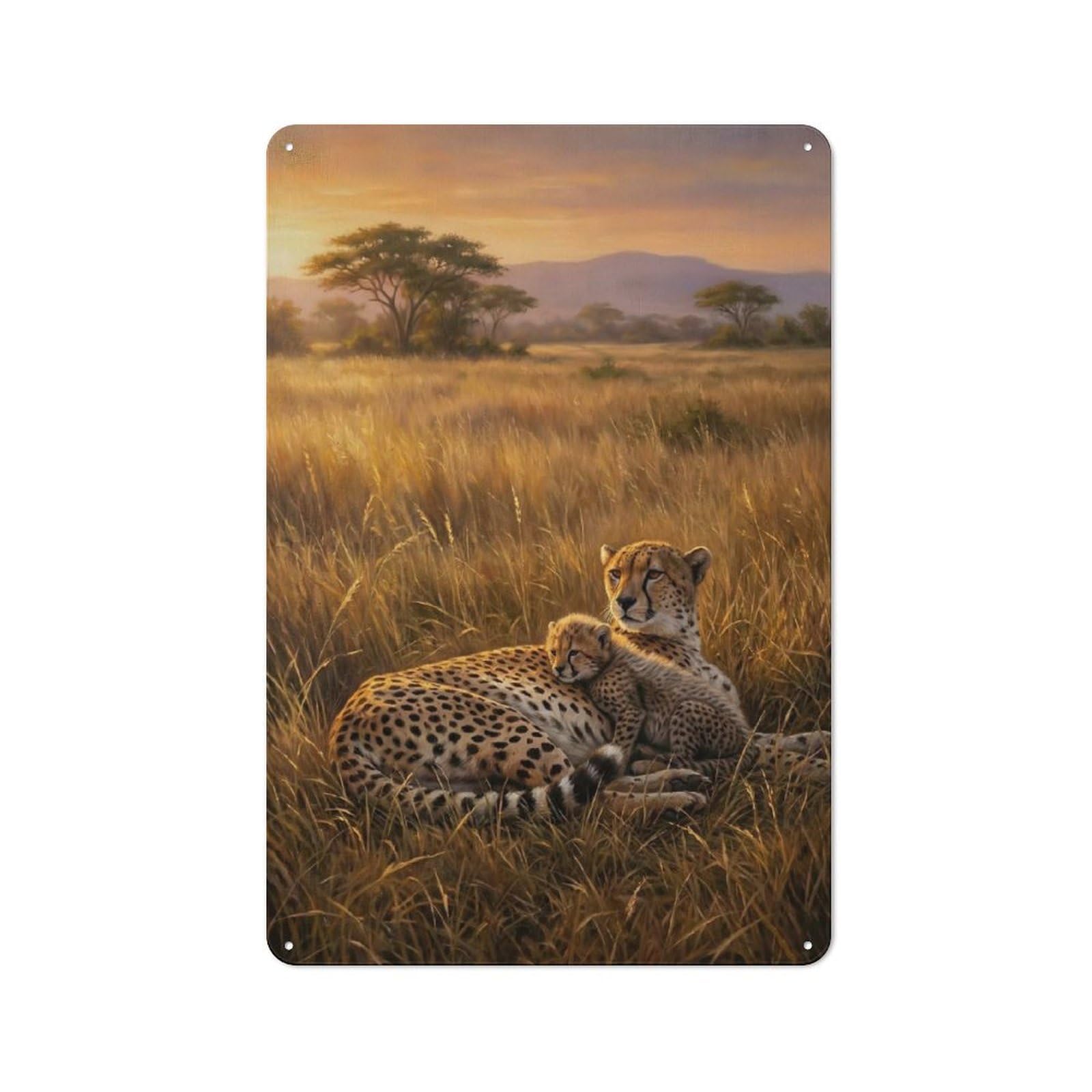 Junmoney Style-11 Cheetah And Cub In Savannah Decorative Tin Sign 30X20cm, Country Country Wall Plaque For Dining Room, Cafe, Entryway Or Family Room
