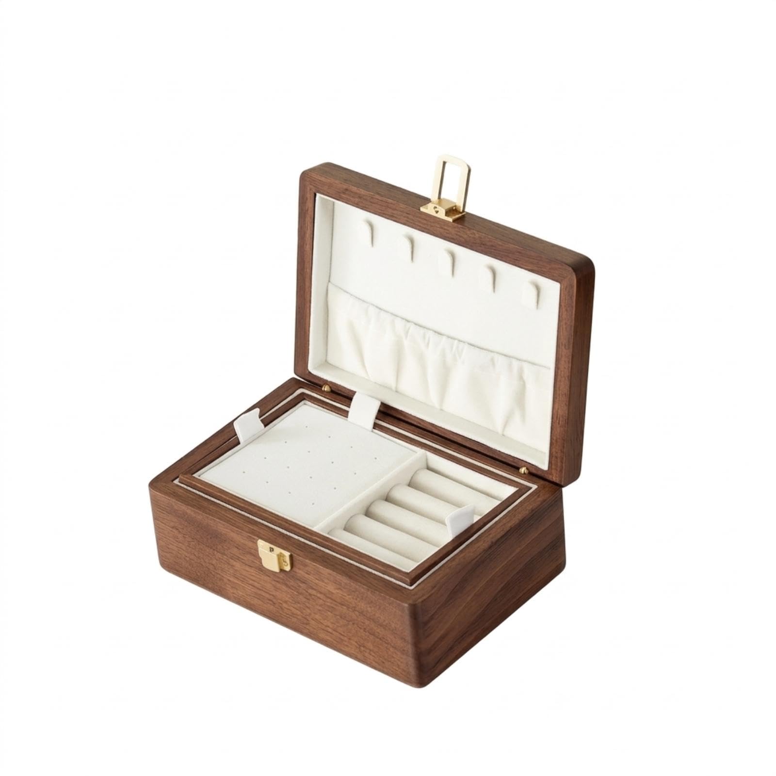 Wooden Jewelry Box Soft-Lined Walnut Jewelry Box Organizer for Women, Dresser, Vanity, Bedside Table 17x12x7cm 2-layer Walnut Wht-image-5